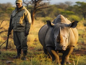 A rhinoceros in the foreground with a focused ranger standing behind