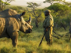 Morning scene of a ranger with a rifle observing a rhinoceros in a grassy field