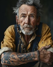 Old man marked by hard labour with tattoos and deep wrinkles on his face
