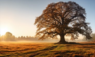 A lone tree stands in a field during a misty
