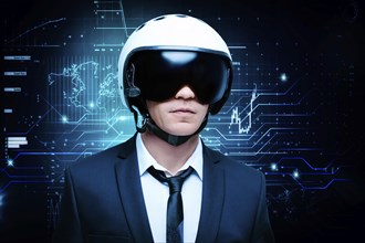Portrait of a man in a suit and helmet. He stands against the backdrop of a futuristic hologram. Business concept. Internet technologies.