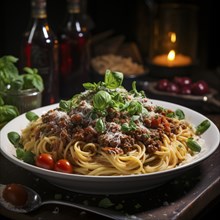Romantisch beleuchteter Teller Spaghetti in einem intimen Ambiente mit Weinflaschen im Hintergrund