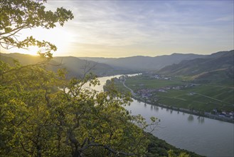 View over the Danube to Duernstein at sunset