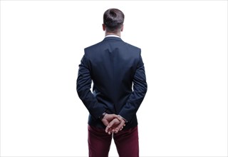 Image of a man in a suit on a white background. Back view. Business concept.