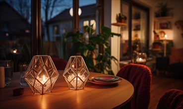 Comfortable home setting with candles in geometric holders casting a warm glow AI generated