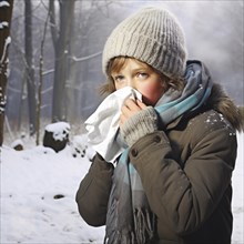 Boy in a winter jacket sneezing into a tissue with snow-covered trees in the background