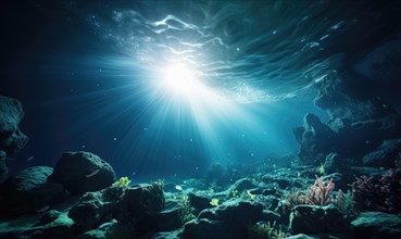 Underwater view of a tropical coral reef with fishes and rays of light AI generated