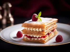 Delicious French pastry Mille Feuille garnished with raspberries on a plate. AI generated