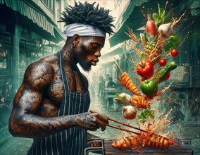 Fit tattooed muscled black man chef wear apron