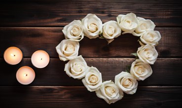 Heart-shaped formation of white roses with burning candles on wood AI generated