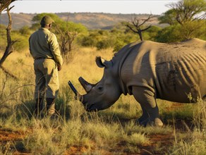 A ranger on active duty with a rifle attentively watches a rhinoceros in morning savannah
