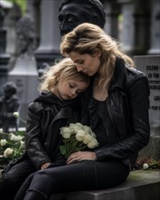Mother with child sitting sadly at gravestone
