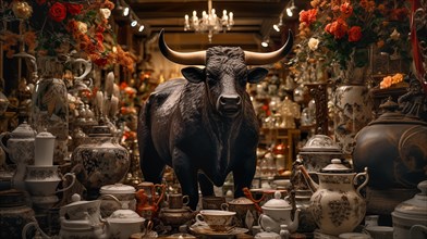 Very large bull with horns in a China shop filled with glassware. generative AI