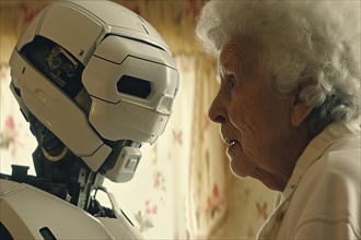 Old woman sceptically encounters a care robot controlled by artificial intelligence