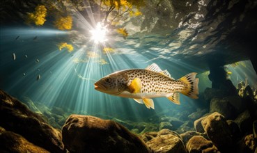 Underwater view of a fish swimming in the ocean with sun rays AI generated
