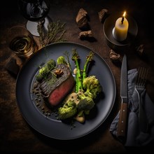 Grilled beef steak with asparagus and vegetables. Generative ai