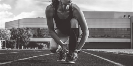 Image of a young female runner laces her shoes on a stadium track. Sports concept.