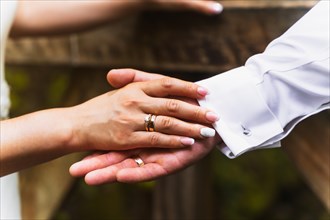 Detail of hands of bride and groom with rings at a wedding