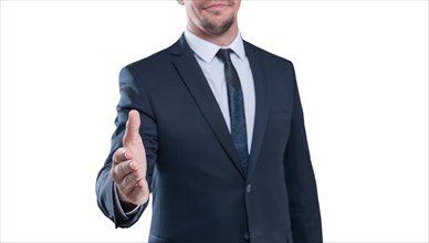 Image of a stylish man in a suit holding out his hand for a handshake on a white background. Business concept.