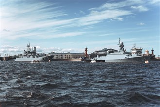 View of warships in St. Petersburg. Tourism concept