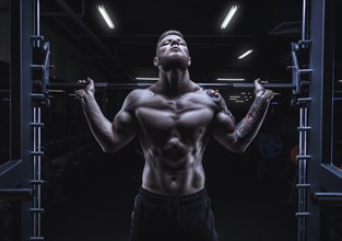Portrait of an athlete with a barbell on the shoulders of the gym. Bodybuilding and fitness concept.