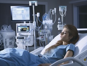 Woman lying in a hospital bed surrounded by medical equipment and monitors