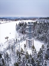 Observation tower rises out of a snowy landscape surrounded by trees
