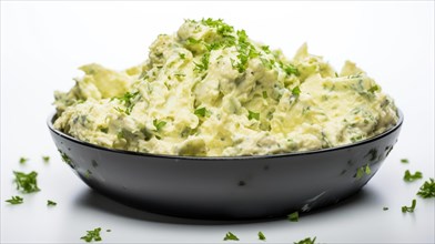 Potato salad with cream and parsley on white background AI generated