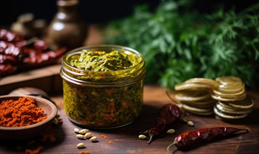 Pesto sauce with fresh herbs and spices on dark background AI generated