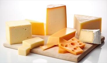 Different types of cheese on a wooden board on a white background AI generated