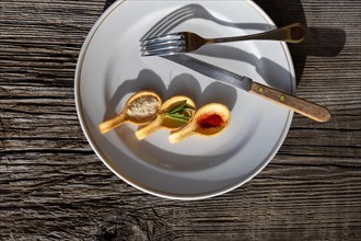A Plate with Fork and Knife and with Species in Spoon Like Saffron and Parmesan Cheese and Rosemary with Sunlight and Shadow in Switzerland