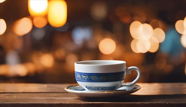 Ceramic cup of tea on wooden table and city lights bokeh background. AI Generated