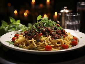 Ein Teller Spaghetti Bolognese reich garniert mit Basilikum auf einem dunklem Restauranttisch