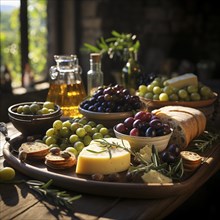 Ein sonnenbeschienener Tisch mit Kaese und Oliven