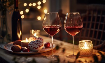 Warm romantic dinner settings with wine glasses