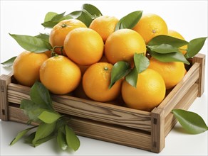 Ripe oranges with green leaves neatly arranged in a wooden crate