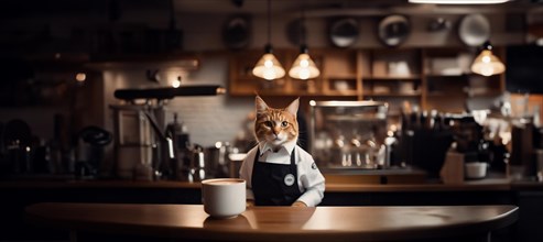 Cat barista in a coffee shop in a barista uniform