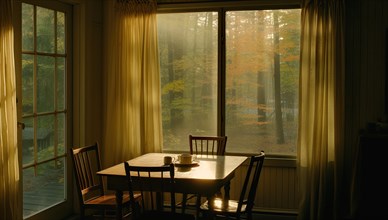Interior of a dining room with a window overlooking the autumn forest. Table and four chairs in the room near the window AI generated