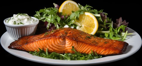 Grilled salmon with arugula salad and tartar sauce on black background AI generated