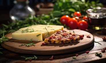 Piece of cheese with tomatoes and herbs on a wooden board AI generated