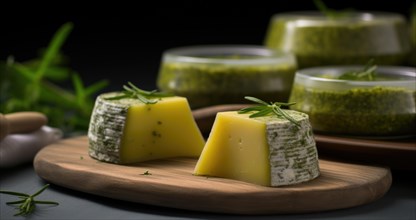 Homemade cheese with herbs and olive oil on a wooden board AI generated