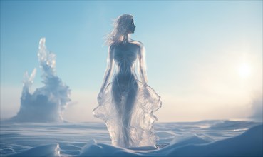 A serene and transparent ice figure stands alone in a snowy landscape AI generated
