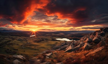 A panoramic landscape featuring a dramatic fiery sunset over mountainous terrain with a tranquil lake AI generated