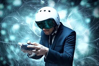 Portrait of a man in a suit and helmet of a pilot with a joystick in his hands. He enthusiastically plays a computer game. Game space. Game concept.