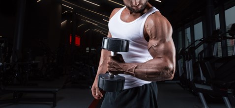 Portrait of a man in a white T-shirt exercising in the gym with dumbbells. Biceps pumping. Fitness and bodybuilding concept.