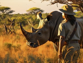 A female ranger in uniform walking behind a rhinoceros at sunset