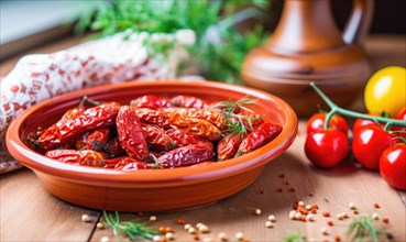 Dried tomatoes in a bowl on a wooden background. Selective focus AI generated