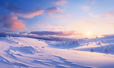 A serene winter landscape with undisturbed snow under a twilight sky with shades of pink and orange AI generated