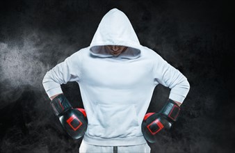 Male trainer posing in the studio with boxing gloves. White hoodie. Mixed martial arts concept. High image quality