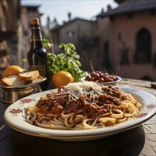 Genuss eines italienischen Mittagessens mit Spaghetti Bolognese auf einer Terrasse unter der Sonne